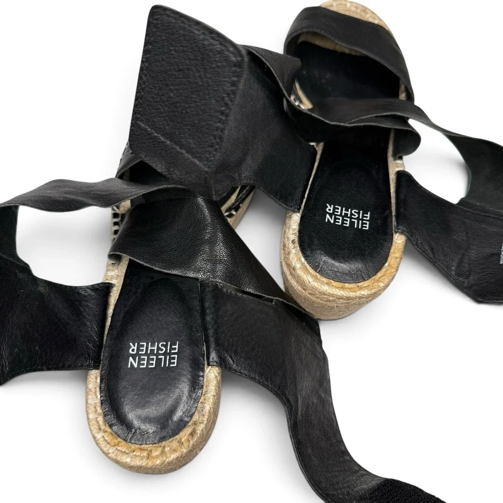 New Eileen Fisher 9.5 Willow Platform Wedge Espadrille Sandals Tumbled Leather